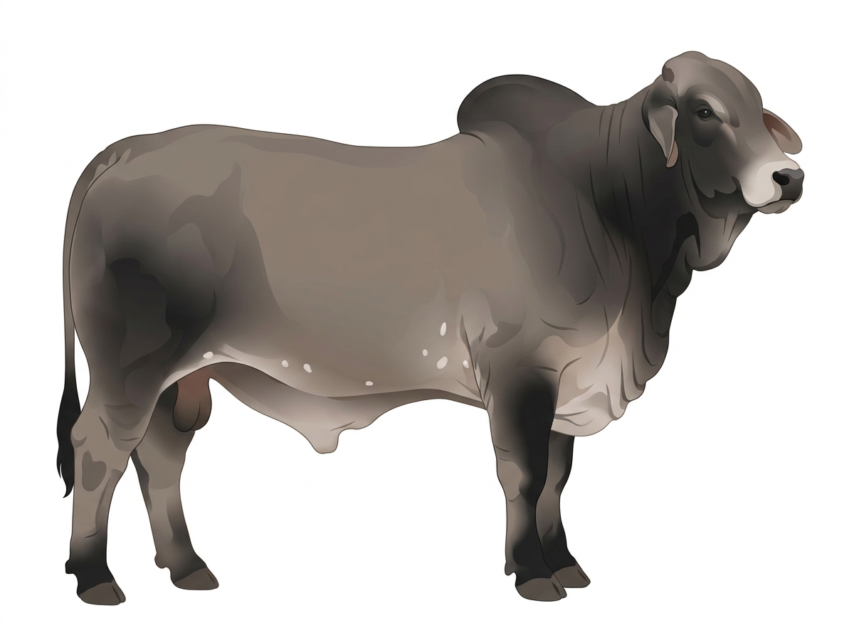Gray with black points, a pale muzzle ring and lighter underline and a few white spots Brahman Cross Bull