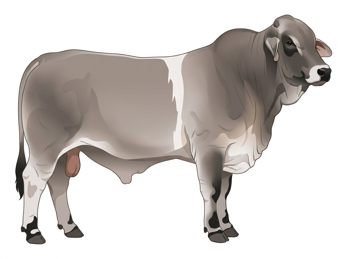 Gray with black points and a white belt around the midsection Brahman Cross Bull