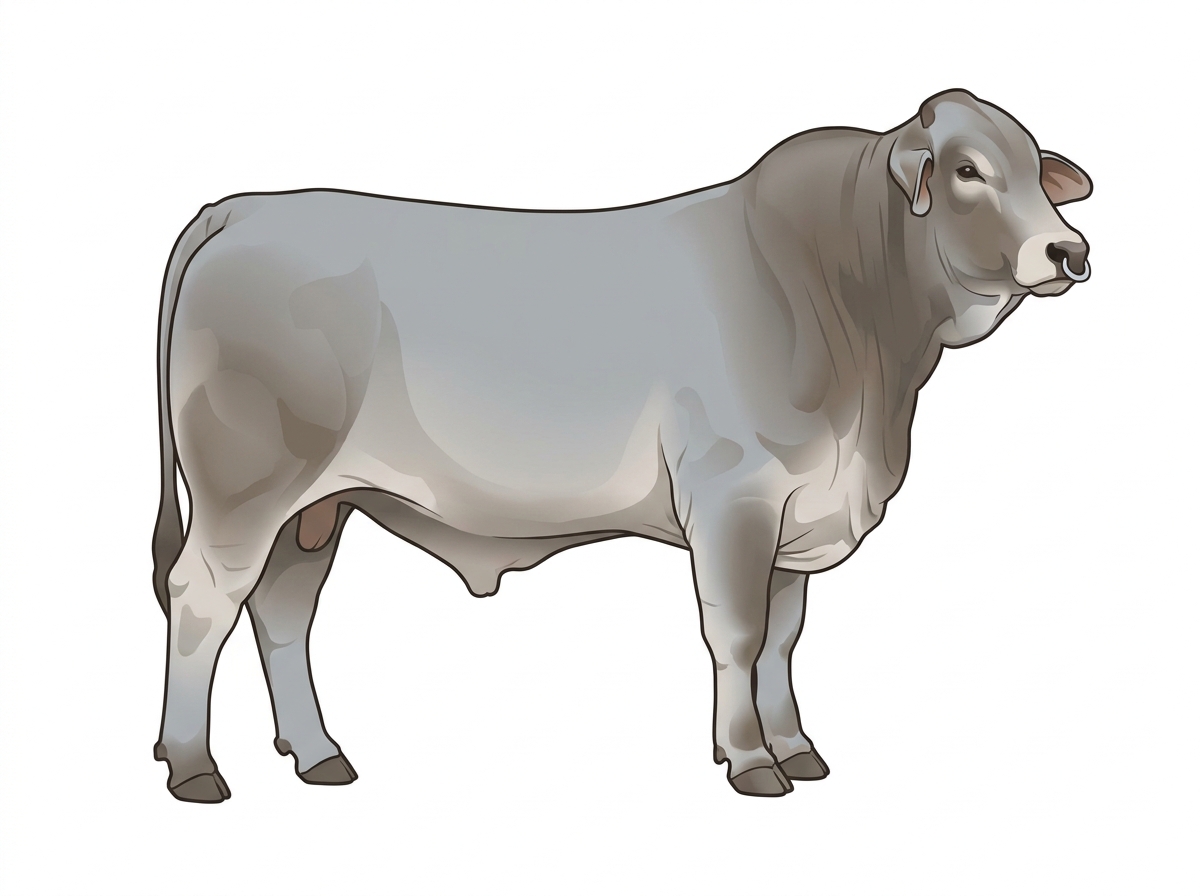 Light blue roan with a pale muzzle ring and lighter underline Brahman Cross Bull