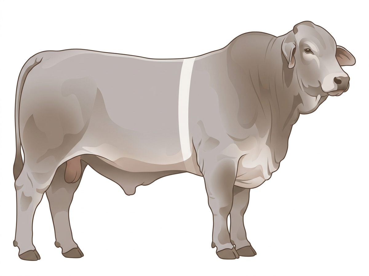 Light blue roan with a white belt around the midsection Brahman Cross Bull