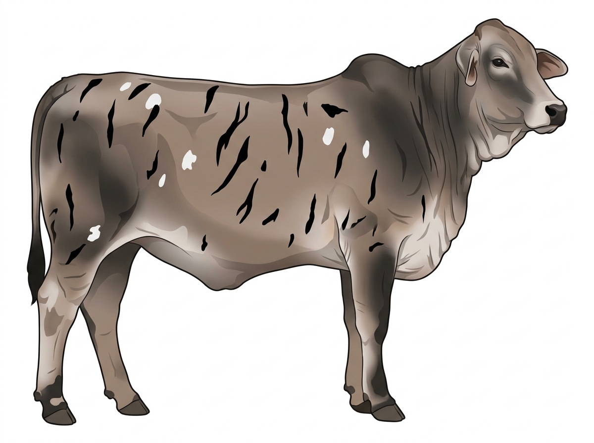 Light blue roan with black stripes and a few white spots Brahman Cross Heifer
