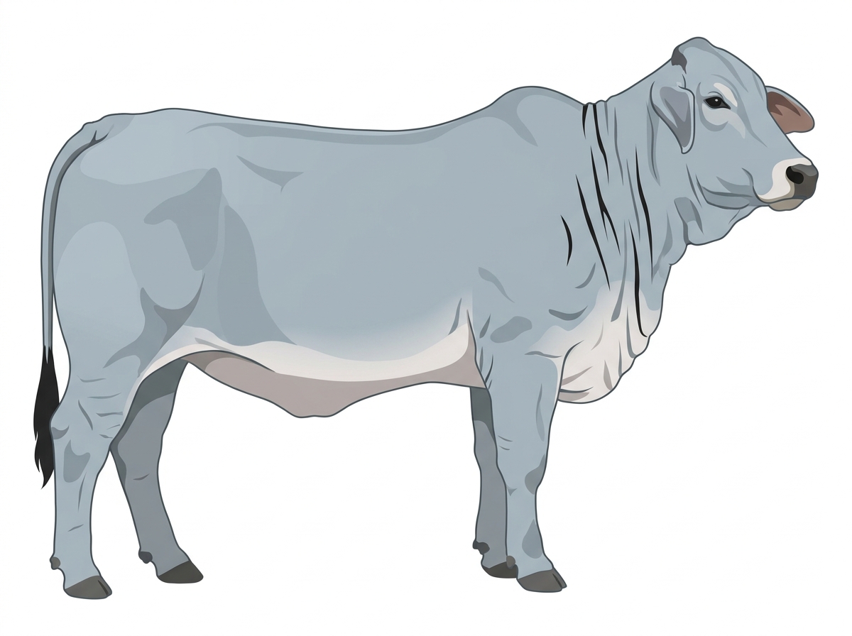 Light blue roan with black stripes and a pale muzzle ring and lighter underline Brahman Cross Cow