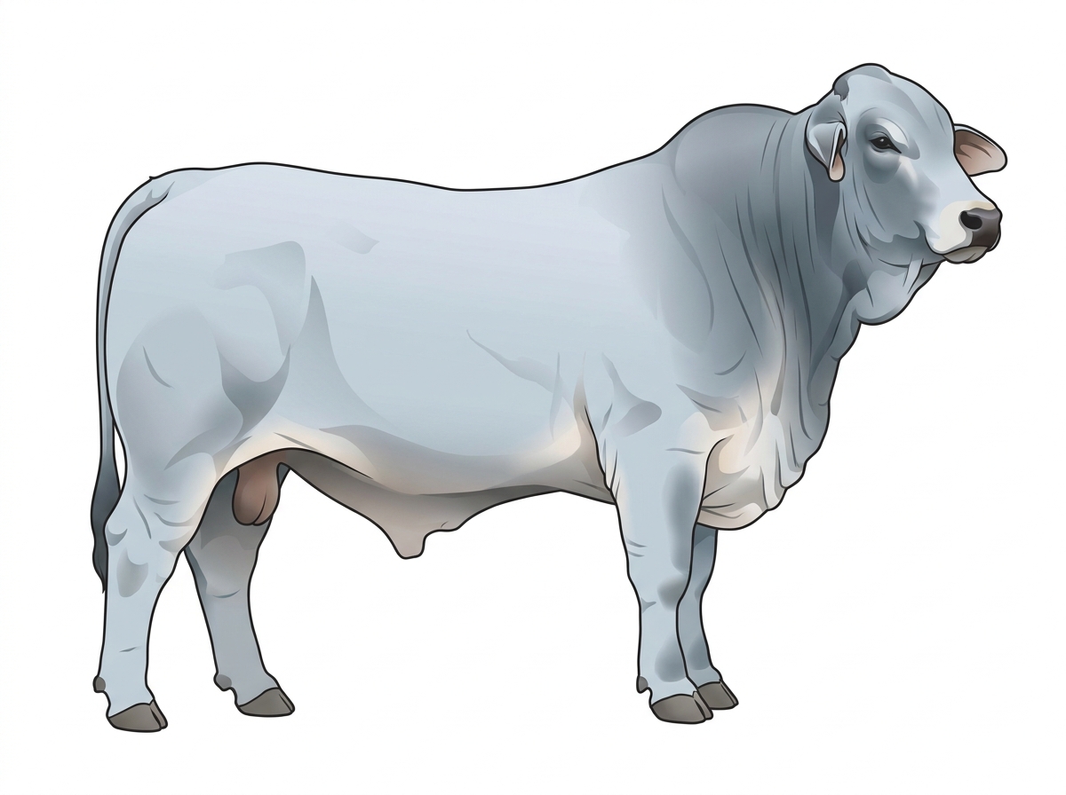 Light blue roan with faint black striping and a pale muzzle ring and lighter underline Brahman Cross Bull