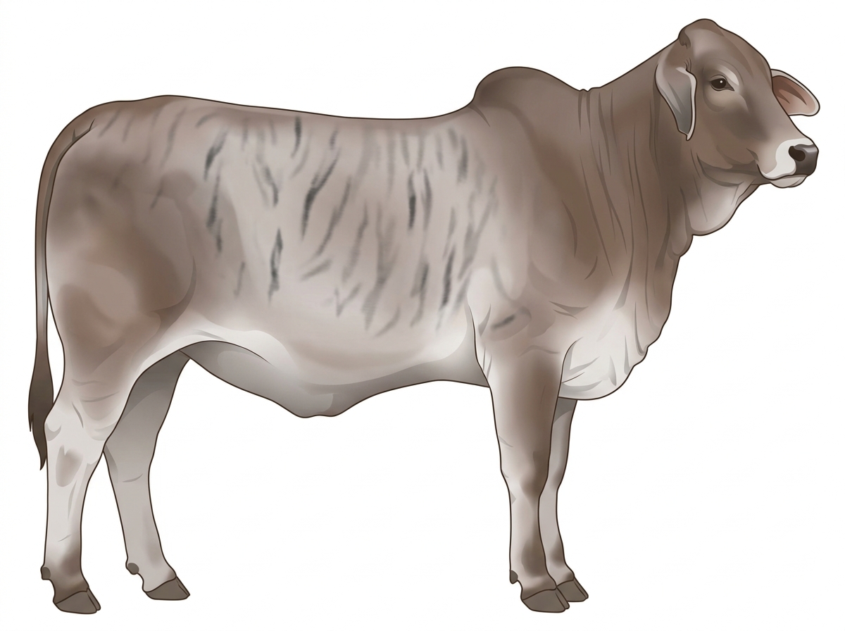 Light blue roan with faint black striping and a pale muzzle ring and lighter underline Brahman Cross Heifer