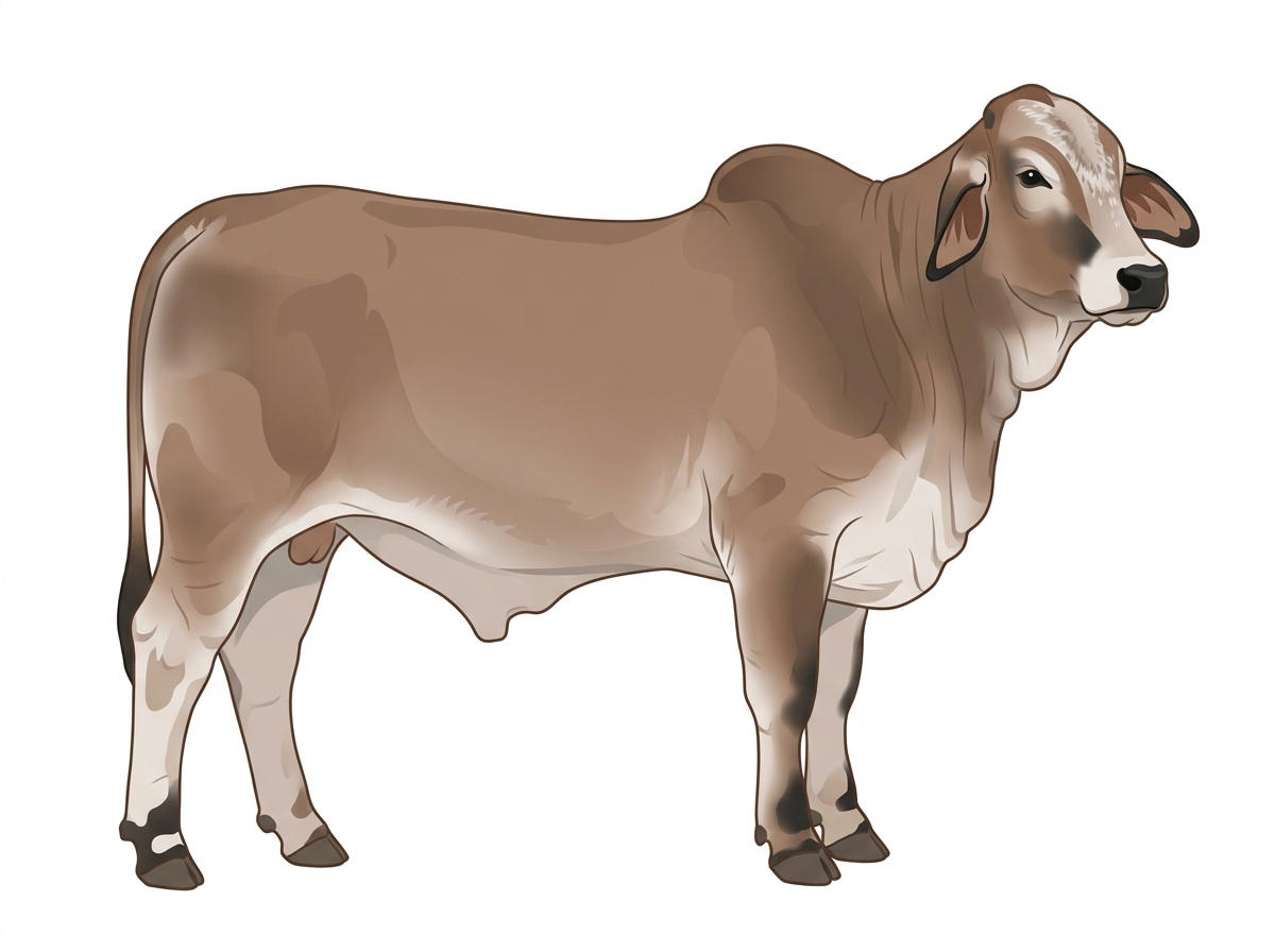 Light brown roan with black points, a partial white face and ticking in the white Brahman Cross Steer