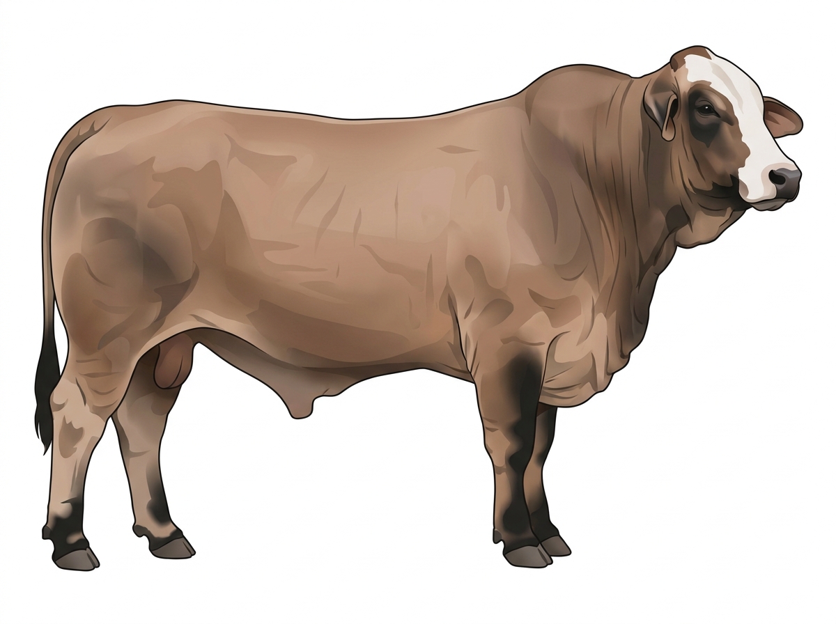 Light brown roan with faint black striping, black points and a white face Brahman Cross Bull