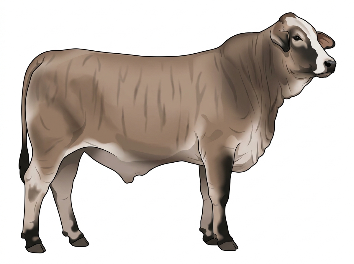Light brown roan with faint black striping, black points and a white face Brahman Cross Steer