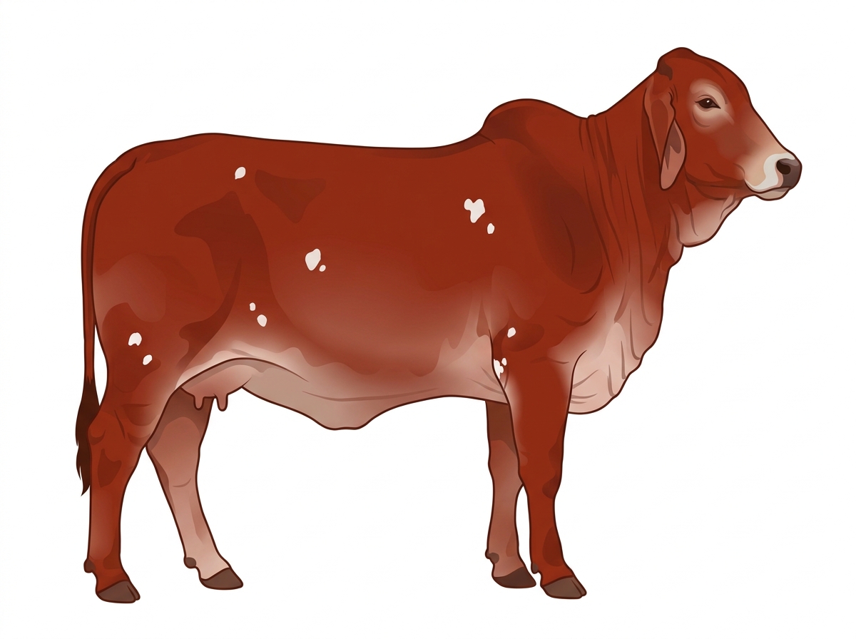 Red with a pale muzzle ring and lighter underline and a few white spots Brahman Cross Cow