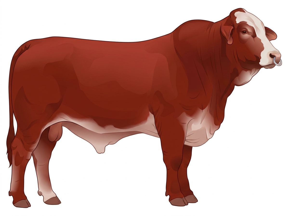 Red with a pale muzzle ring and lighter underline and a partial white face Brahman Cross Bull