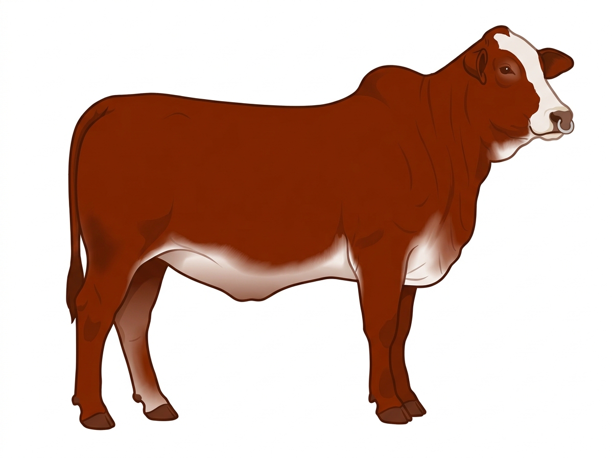 Red with a pale muzzle ring and lighter underline and a partial white face Brahman Cross Heifer