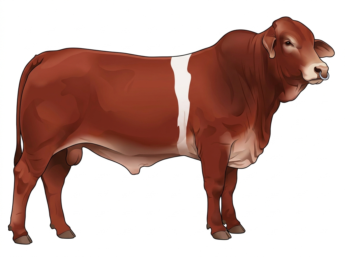 Red with a pale muzzle ring and lighter underline and a white belt around the midsection Brahman Cross Bull