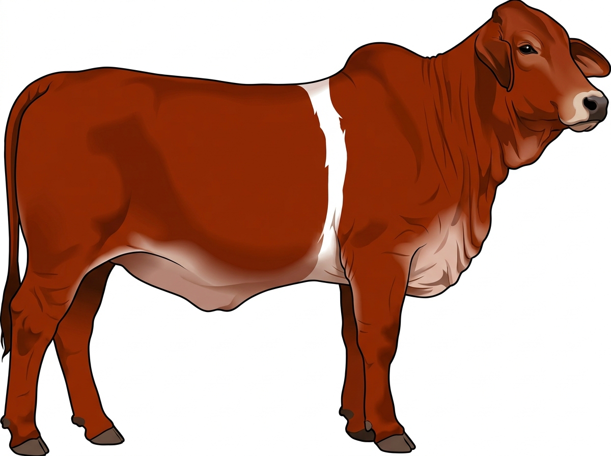 Red with a pale muzzle ring and lighter underline and a white belt around the midsection Brahman Cross Heifer