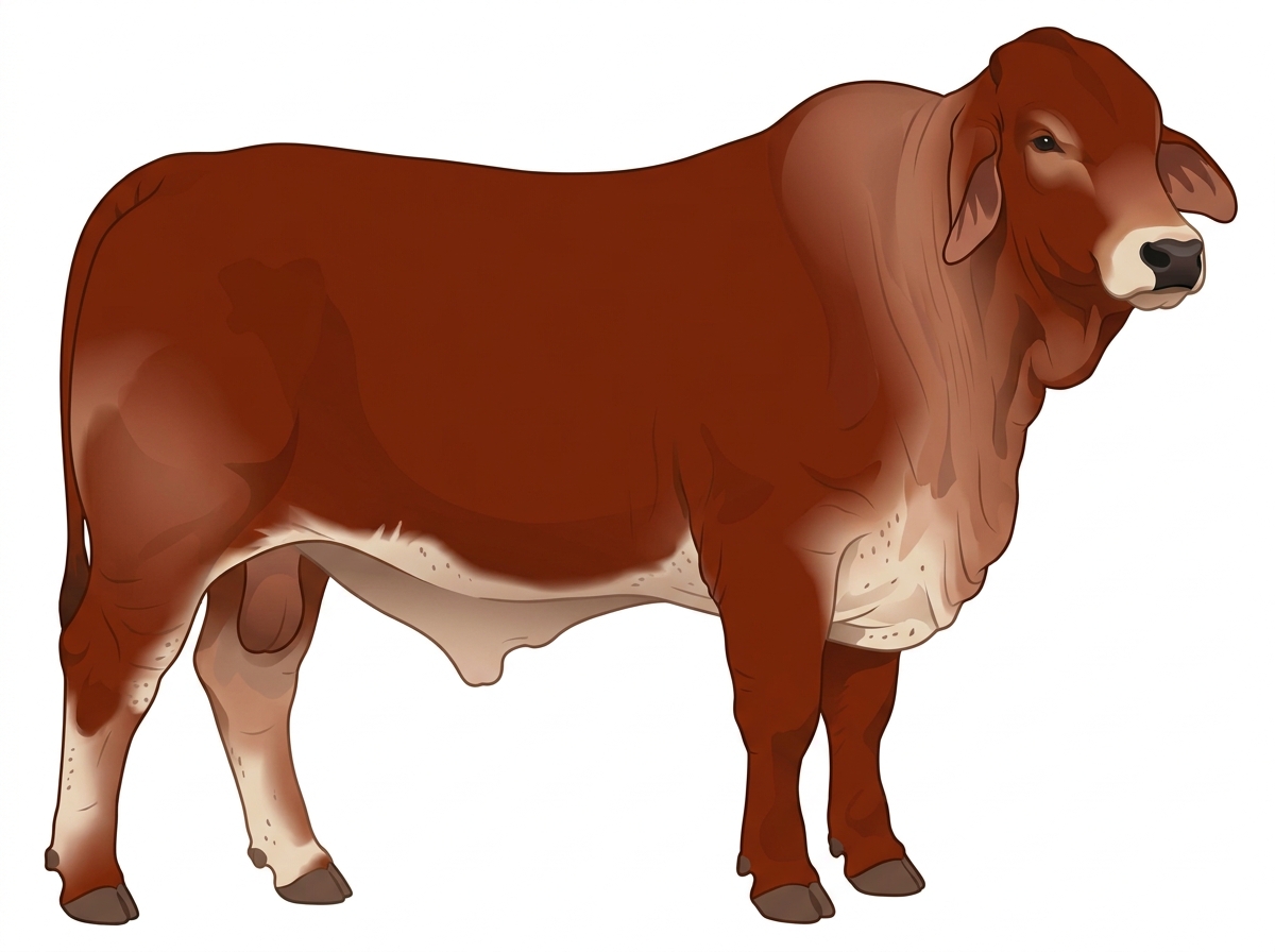 Red with a pale muzzle ring and lighter underline and ticking in the white Brahman Cross Bull
