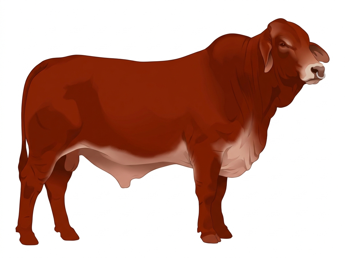 Red with a pale muzzle ring and lighter underline Brahman Cross Bull
