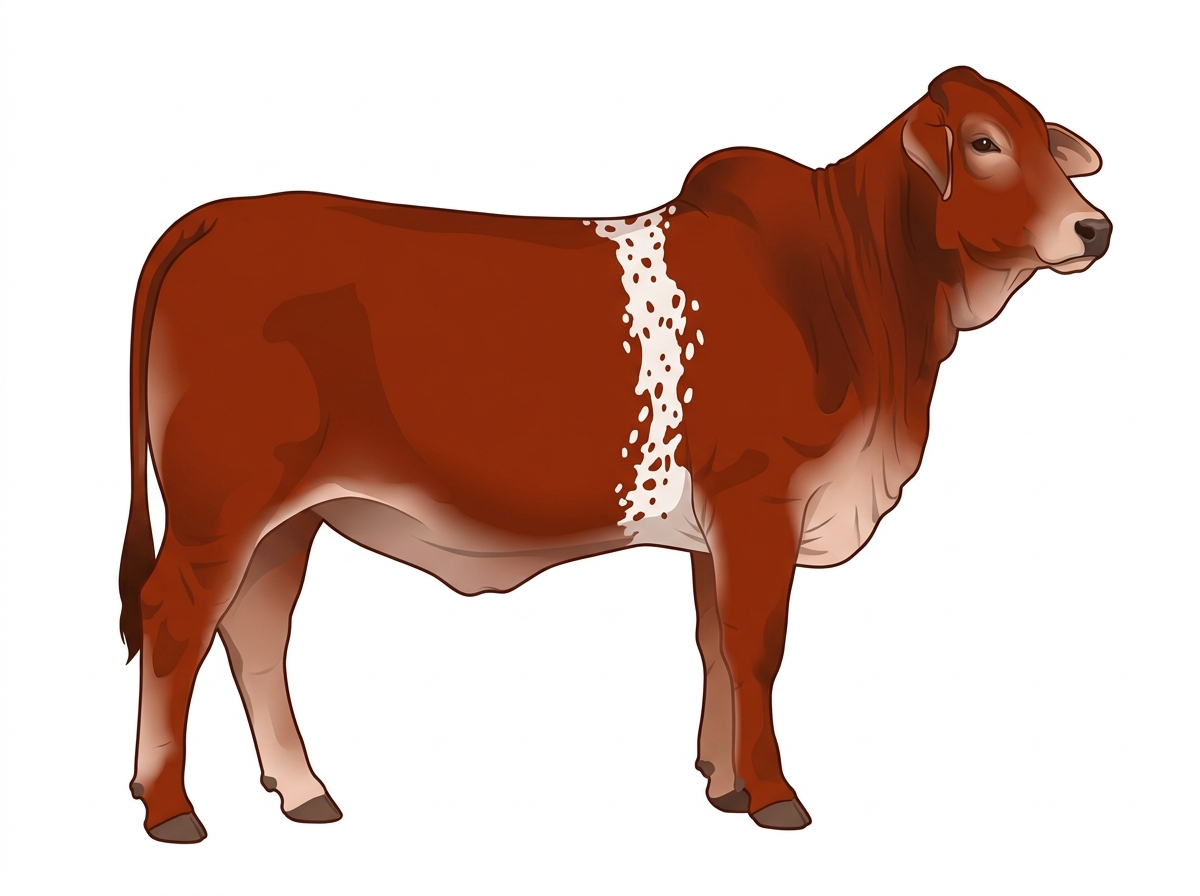 Red with a white belt around the midsection and ticking in the white Brahman Cross Heifer