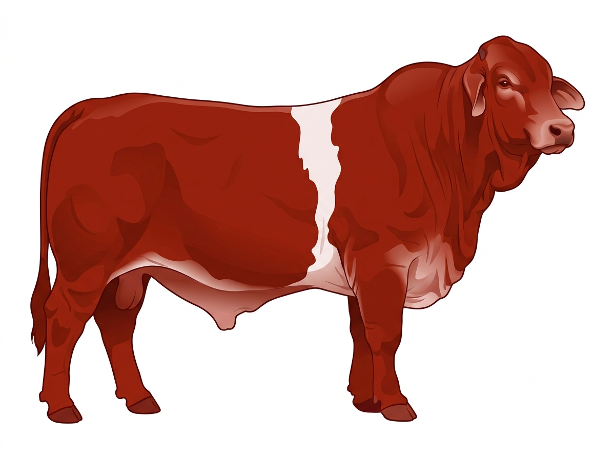 Red with a white belt around the midsection Brahman Cross Bull