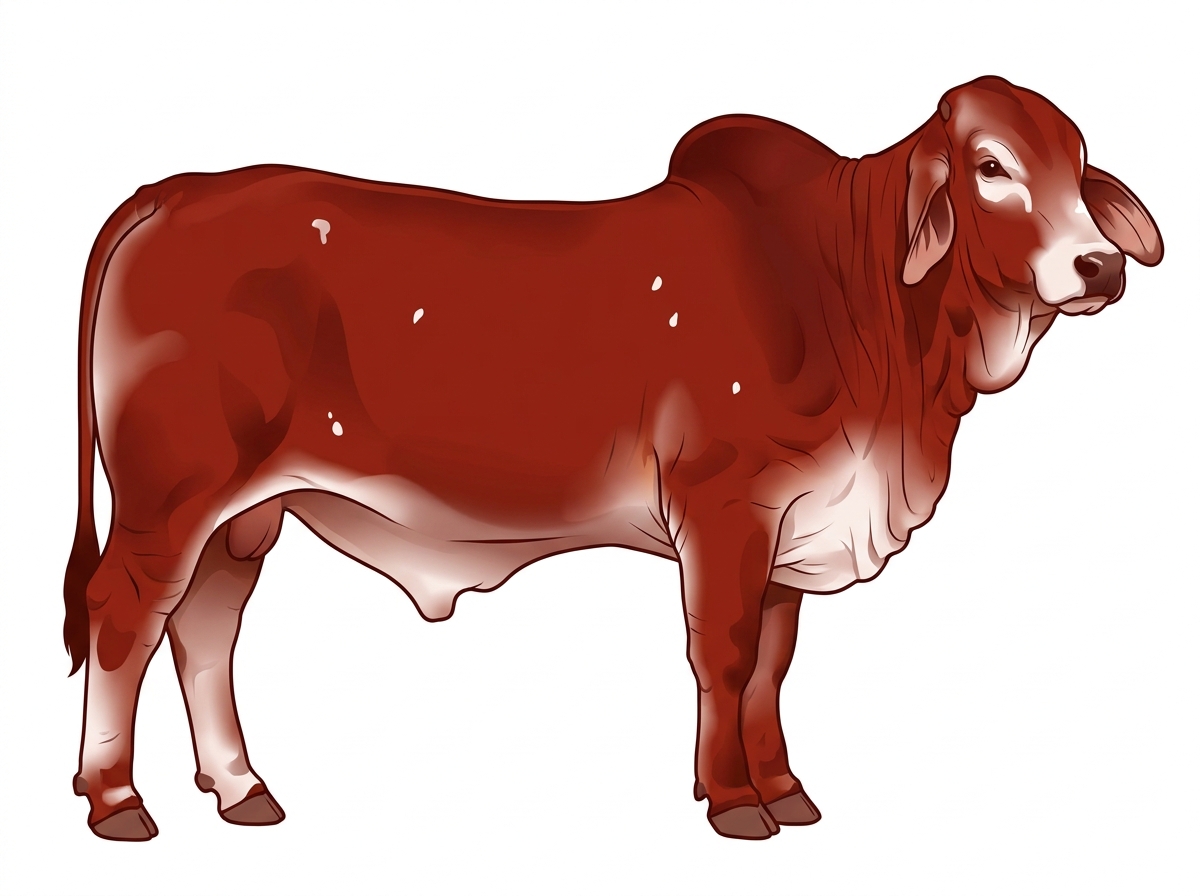 Red with minimal white face markings and a few white spots Brahman Cross Bull