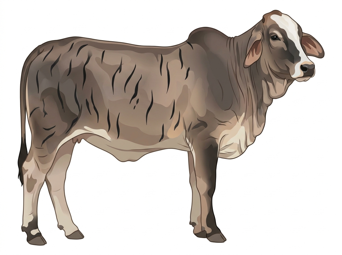Smoky brindle with black stripes, a pale muzzle ring and lighter underline and a white face Brahman Cross Heifer