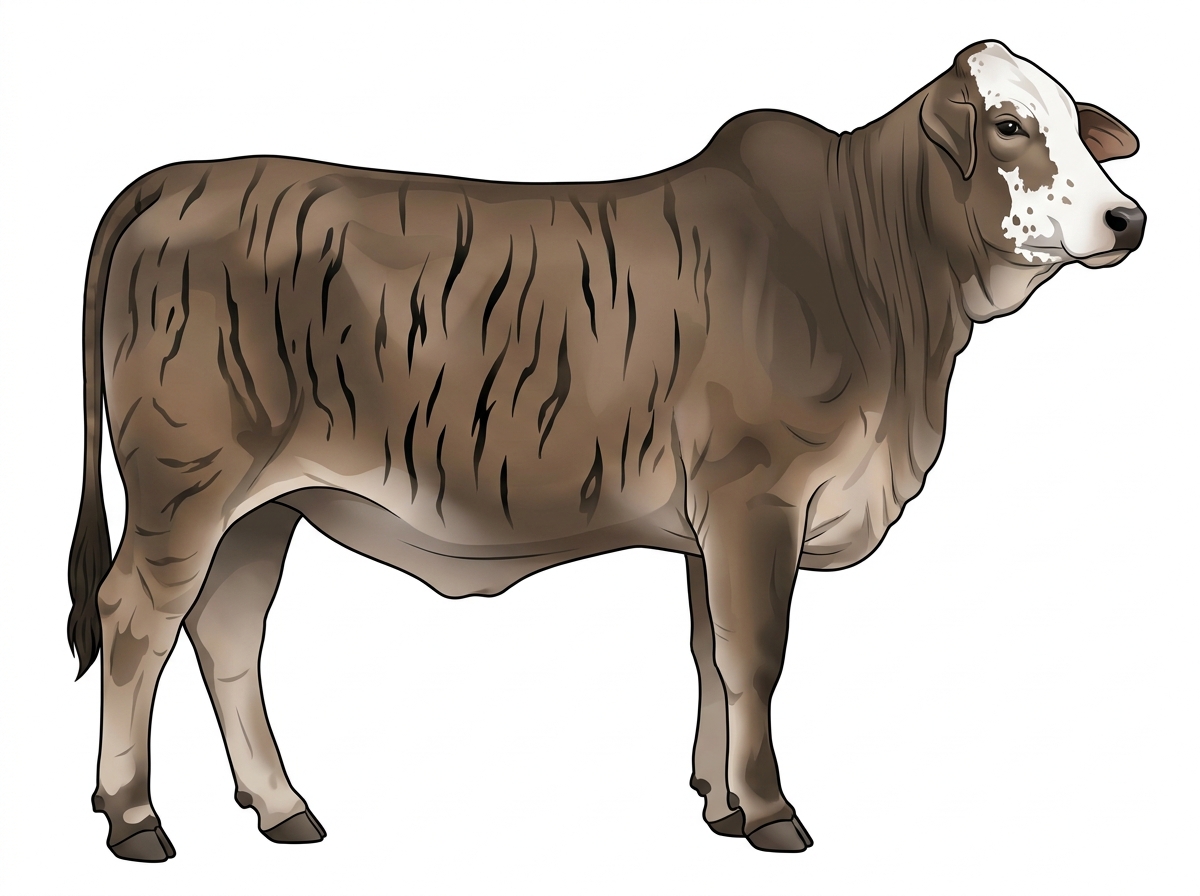Smoky brindle with black stripes, a white face, white spots and ticking in the white Brahman Cross Heifer