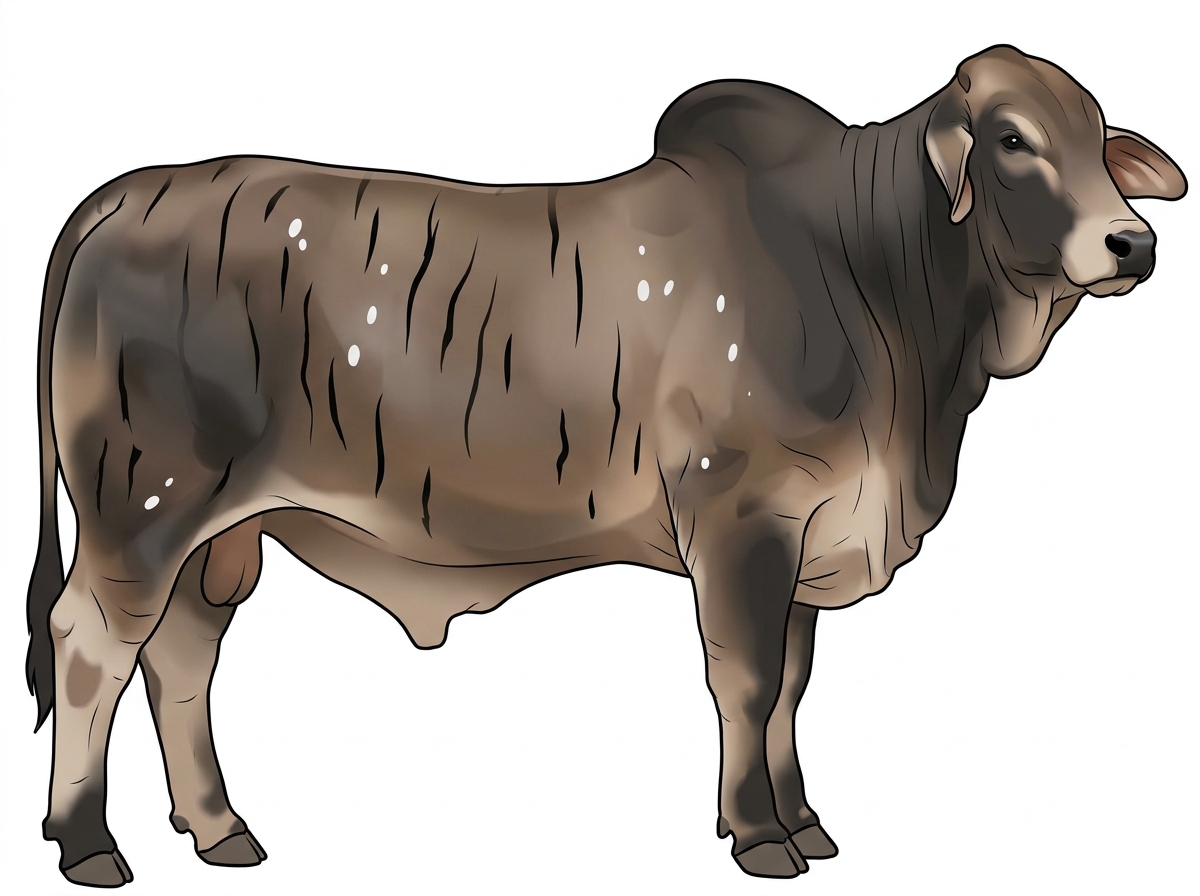 Smoky brindle with black stripes and a few white spots Brahman Cross Bull
