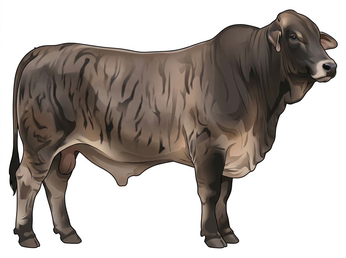 Smoky brindle with black stripes and a pale muzzle ring and lighter underline Brahman Cross Bull