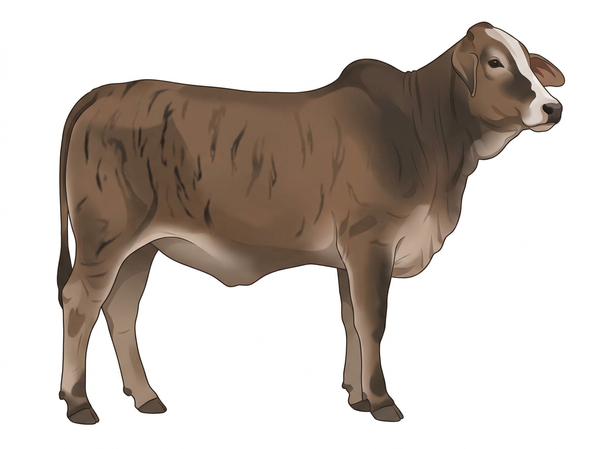 Smoky brindle with black stripes and a partial white face Brahman Cross Heifer
