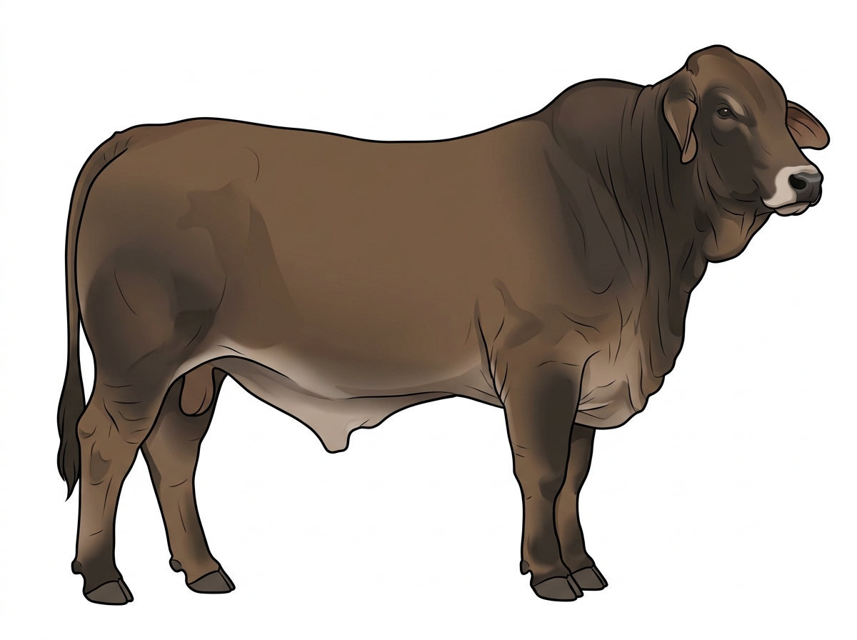 Smoky brindle with faint black striping and a pale muzzle ring and lighter underline Brahman Cross Bull