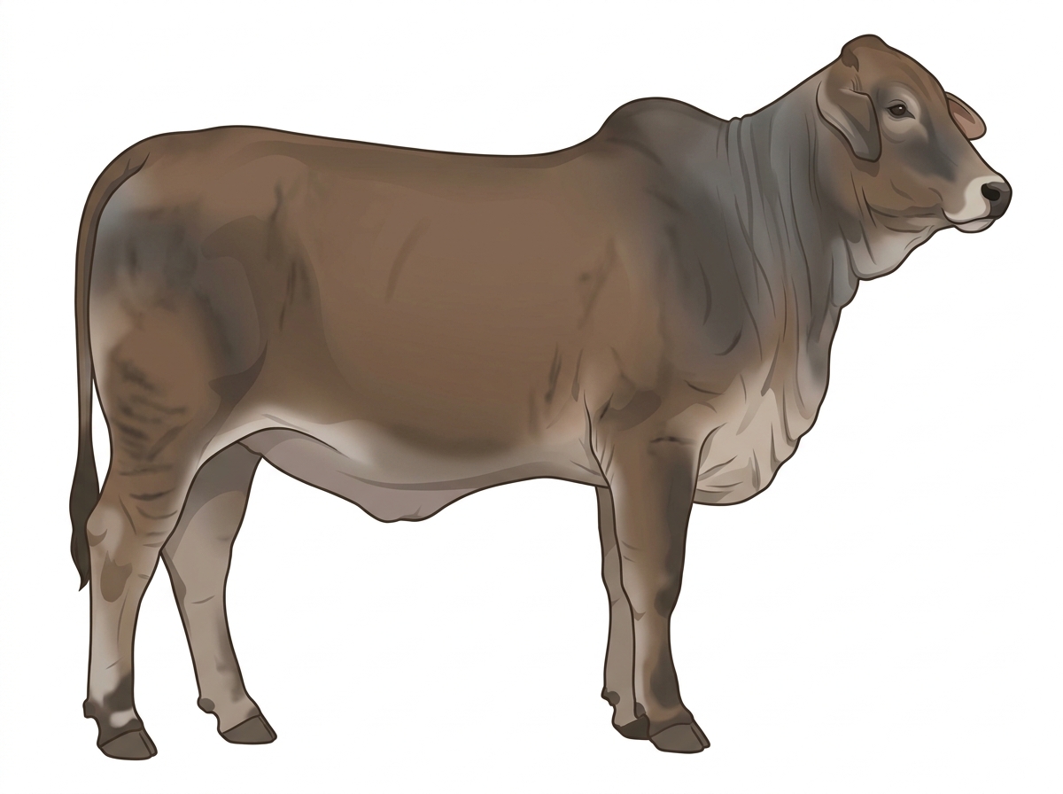 Smoky brindle with faint black striping and a pale muzzle ring and lighter underline Brahman Cross Heifer
