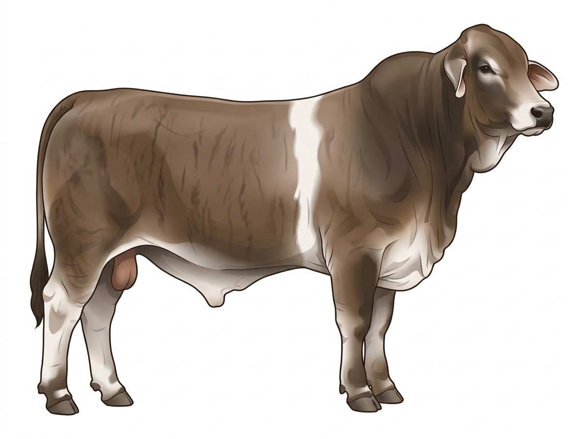 Smoky brindle with faint black striping and a white belt around the midsection Brahman Cross Bull