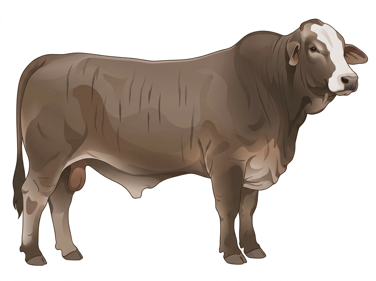 Smoky brindle with faint black striping and a white face Brahman Cross Bull