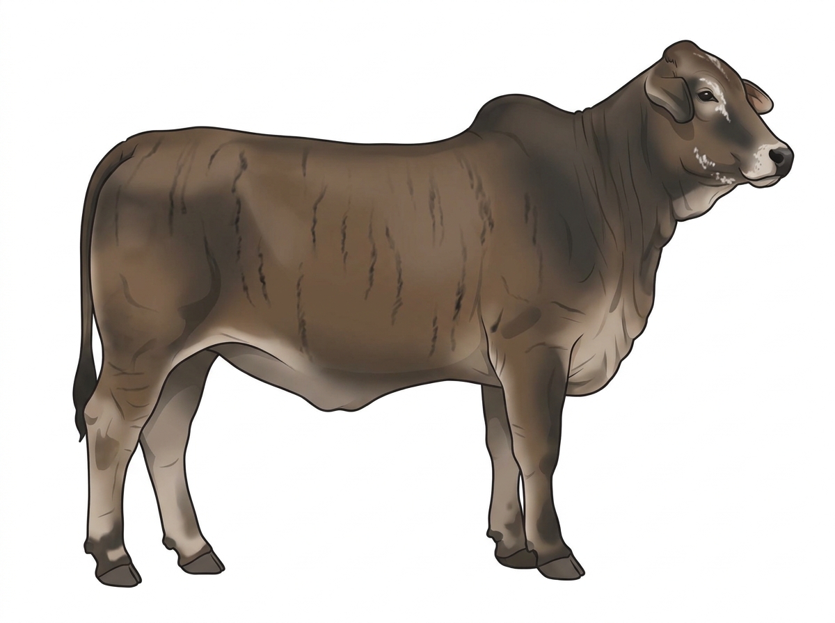 Smoky brindle with faint black striping, minimal white face markings and ticking in the white Brahman Cross Heifer
