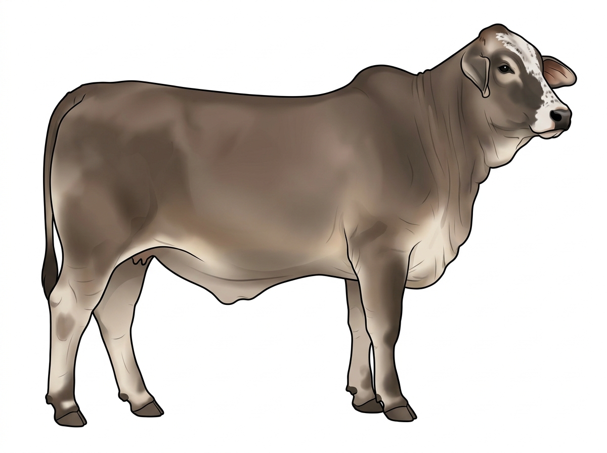 Smoky with a pale muzzle ring and lighter underline, a partial white face and ticking in the white Brahman Cross Heifer