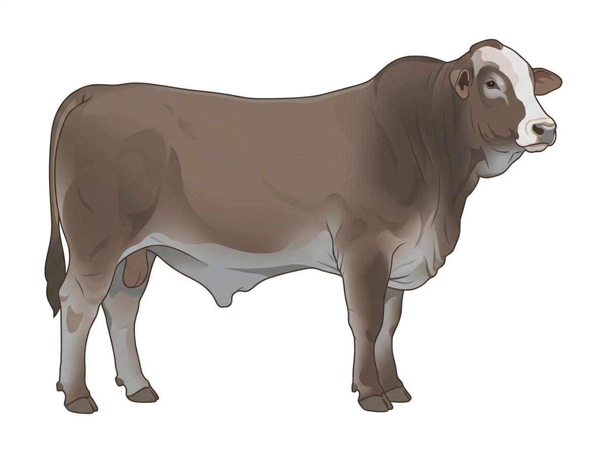 Smoky with a pale muzzle ring and lighter underline and a partial white face Brahman Cross Bull