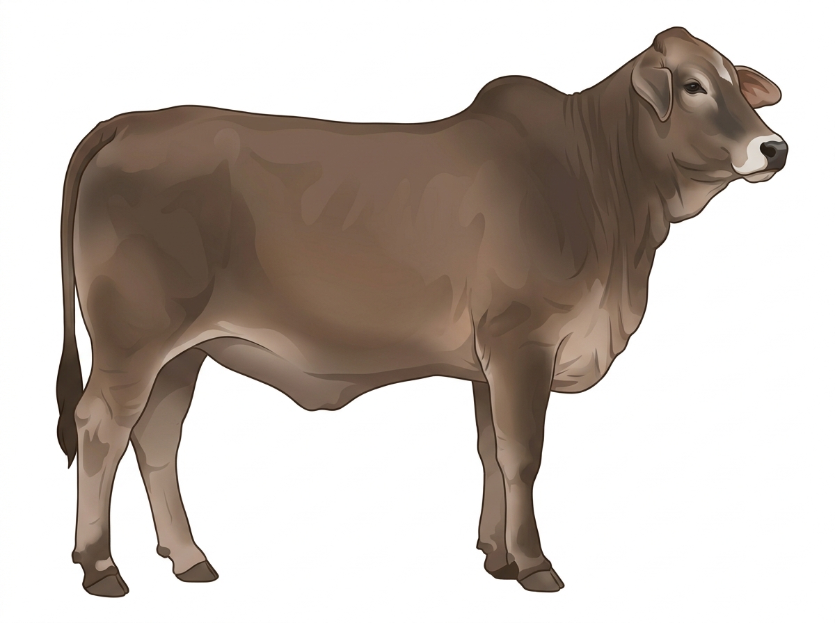 Smoky with a pale muzzle ring and lighter underline and a partial white face Brahman Cross Heifer