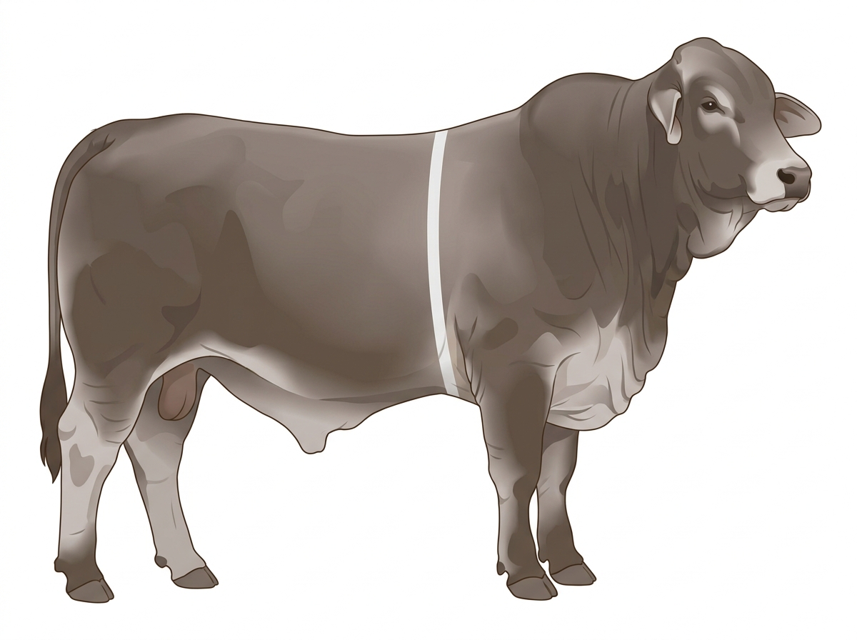 Smoky with a pale muzzle ring and lighter underline and a white belt around the midsection Brahman Cross Bull