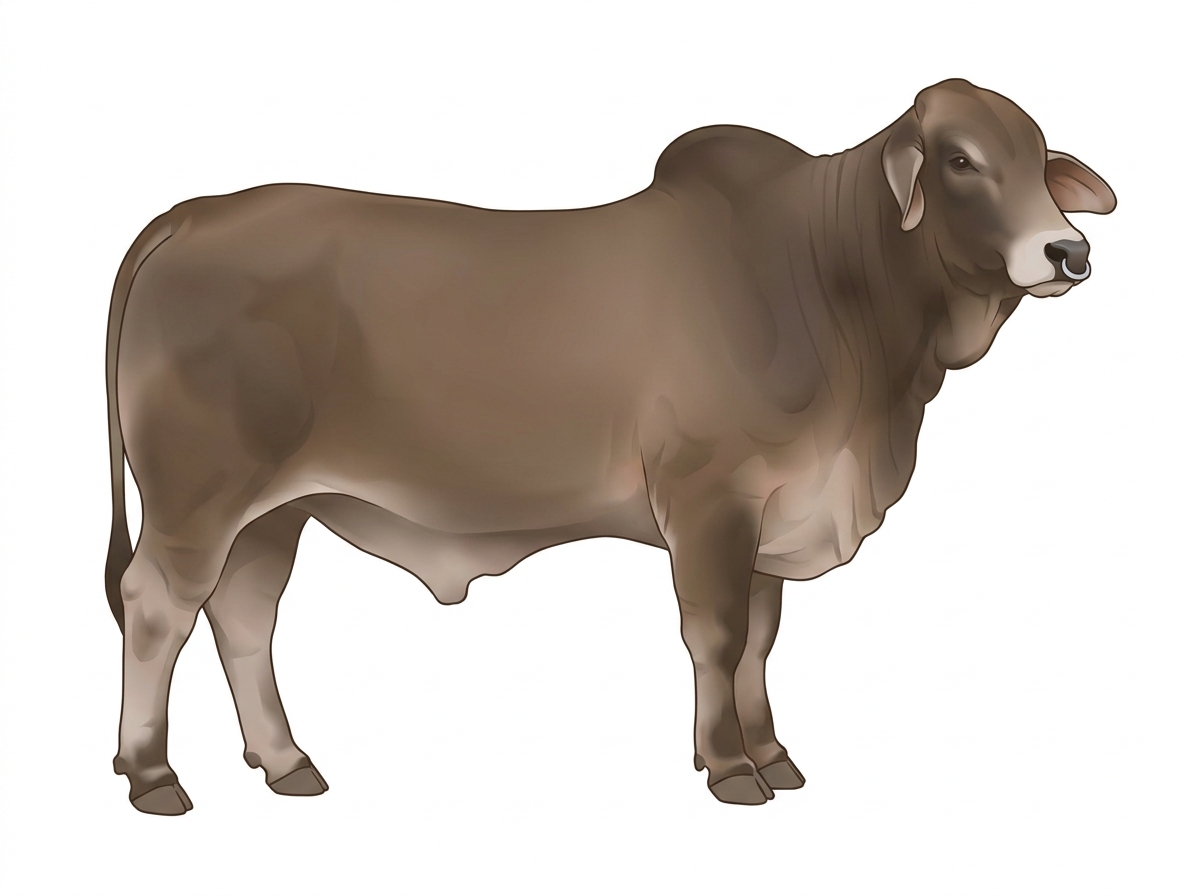 Smoky with a pale muzzle ring and lighter underline Brahman Cross Bull