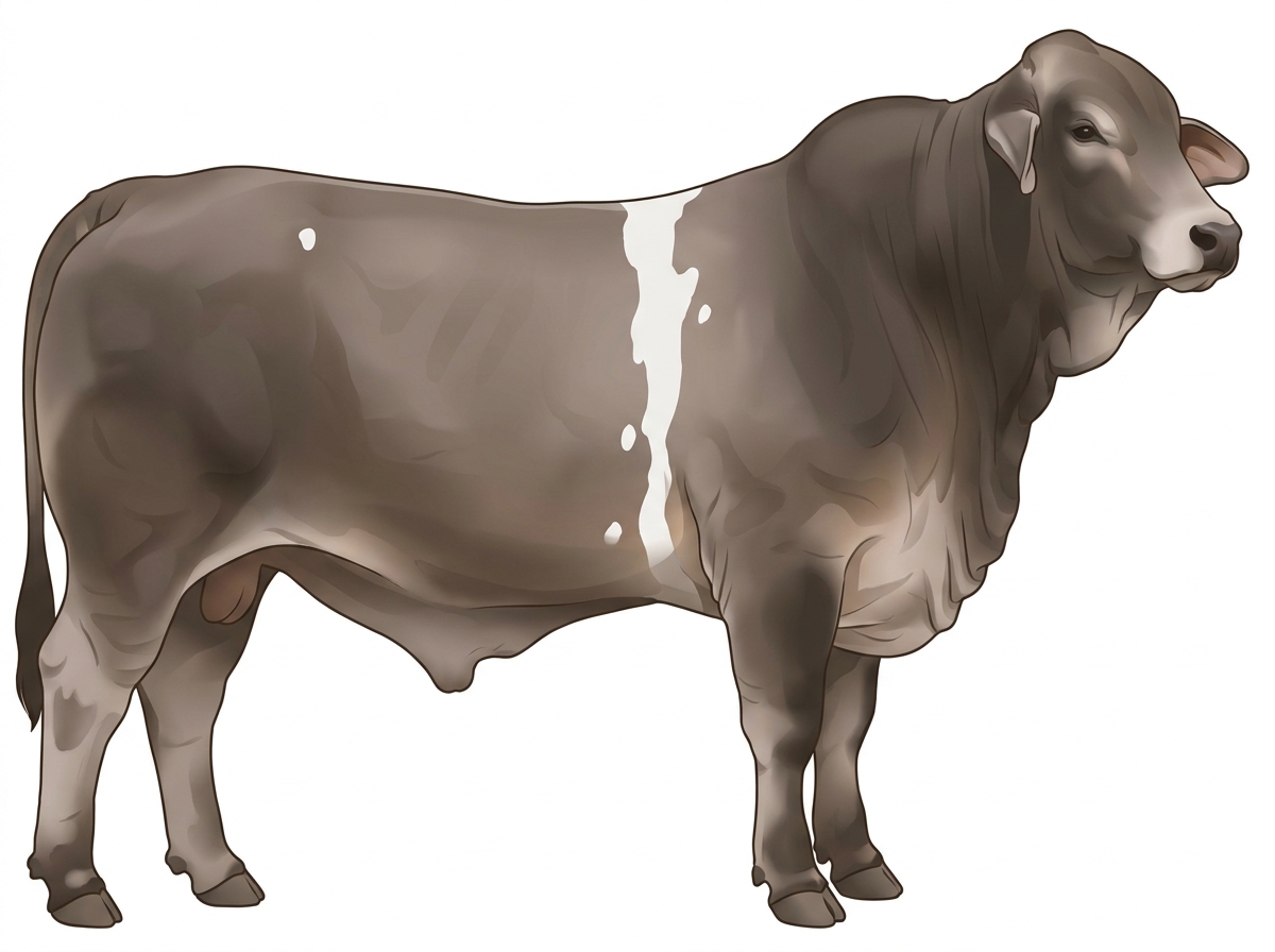 Smoky with a white belt around the midsection and a few white spots Brahman Cross Bull