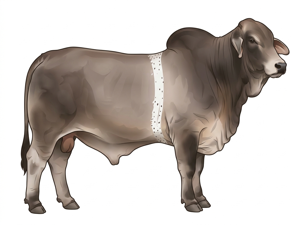 Smoky with a white belt around the midsection and ticking in the white Brahman Cross Bull