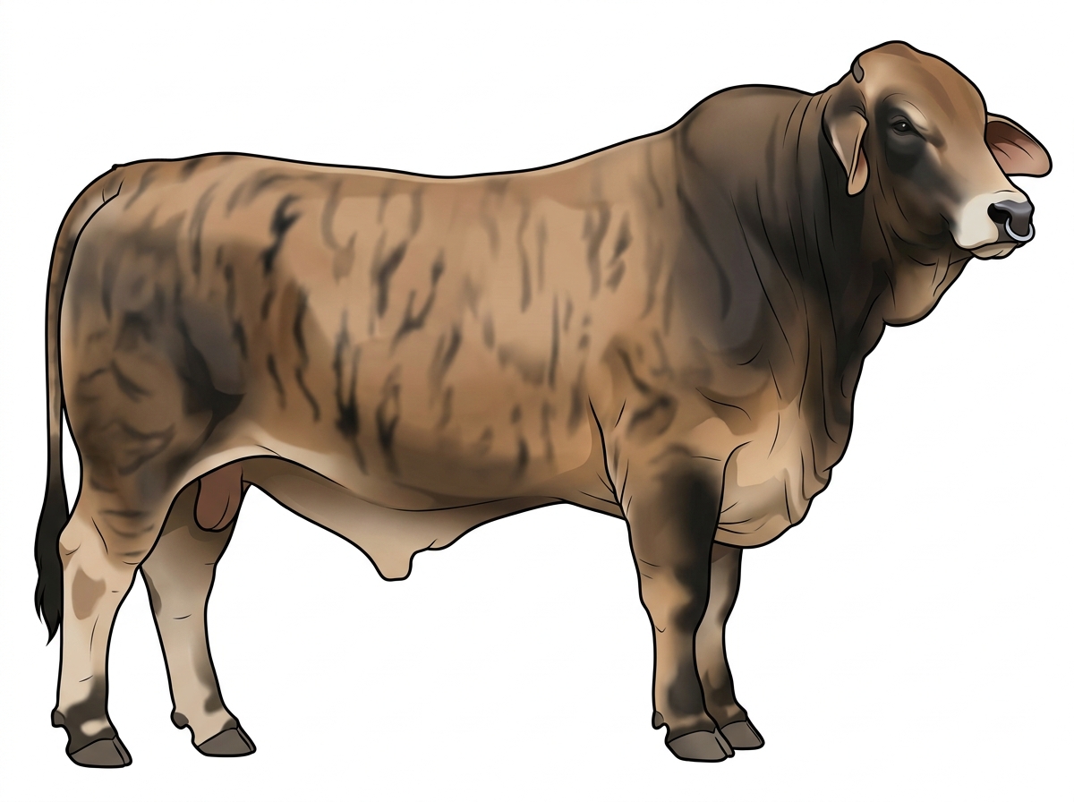 Tan brindle with black stripes and a pale muzzle ring and lighter underline Brahman Cross Bull