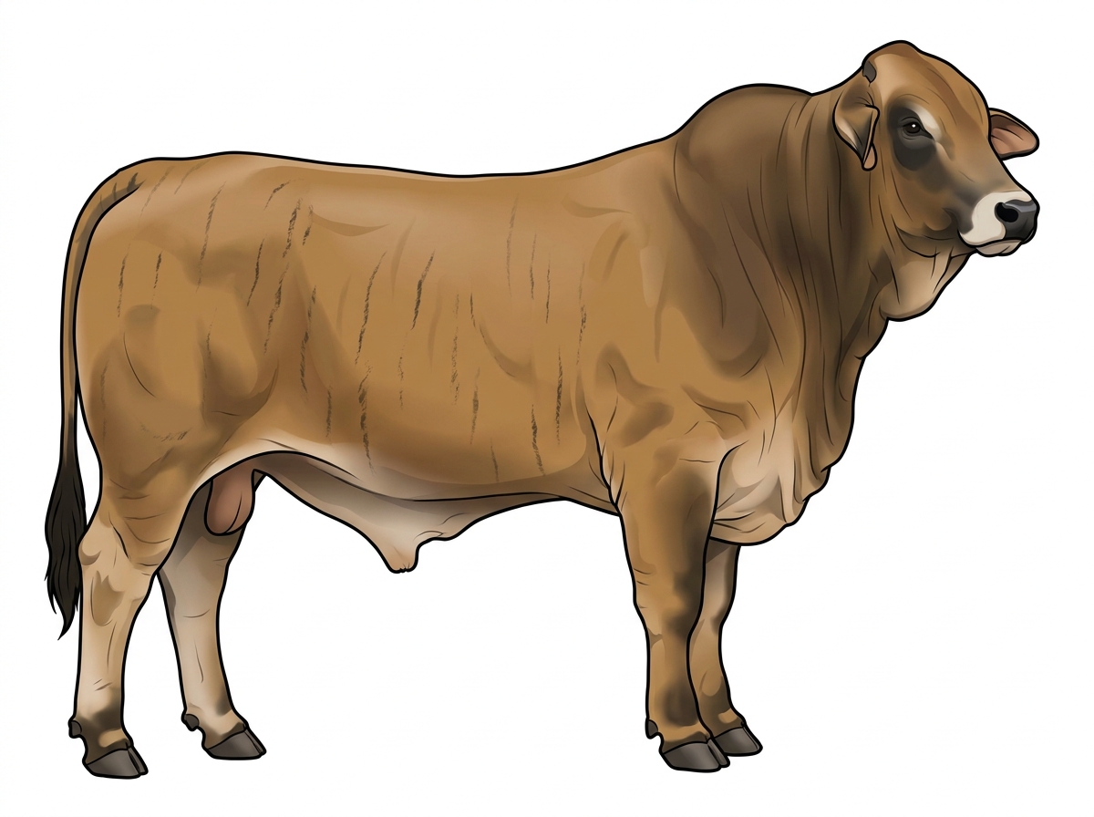Tan brindle with faint black striping, black points and a pale muzzle ring and lighter underline Brahman Cross Bull