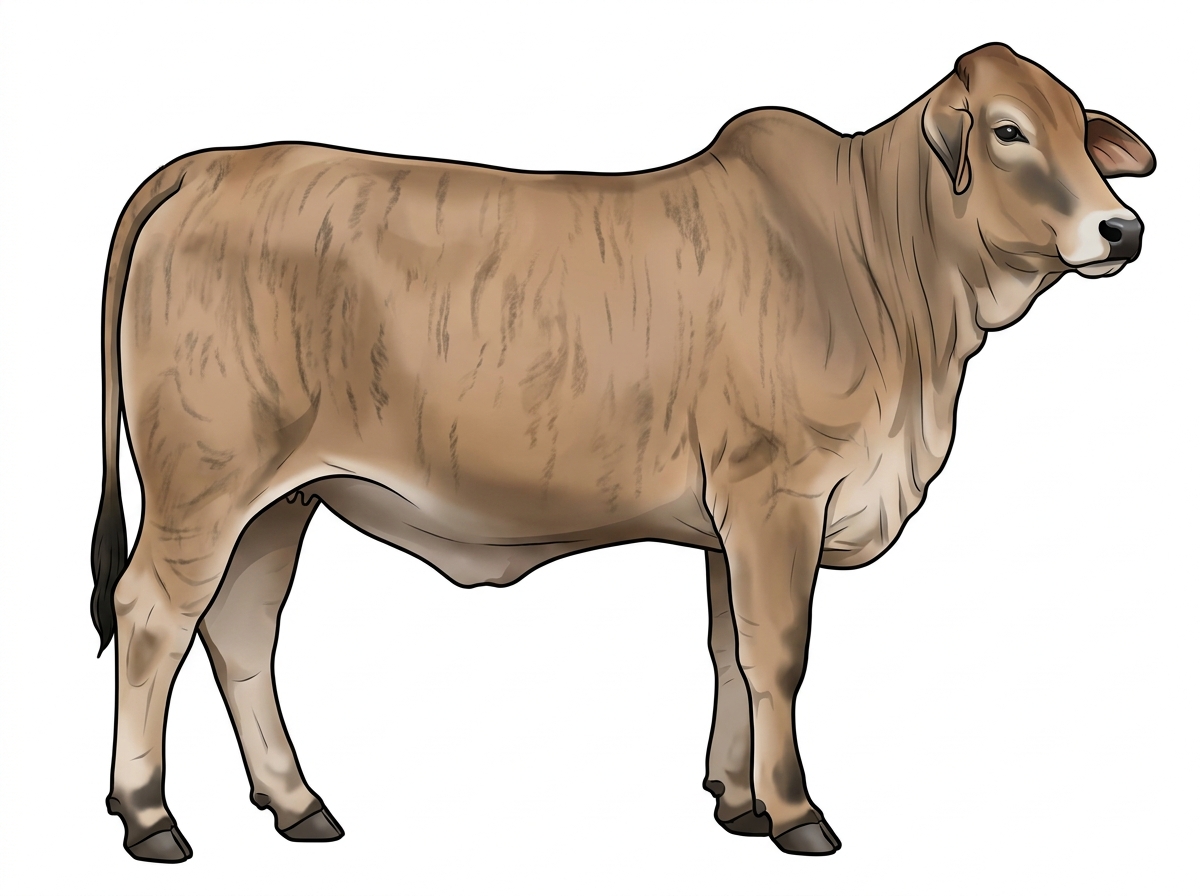Tan brindle with faint black striping, black points and a pale muzzle ring and lighter underline Brahman Cross Heifer