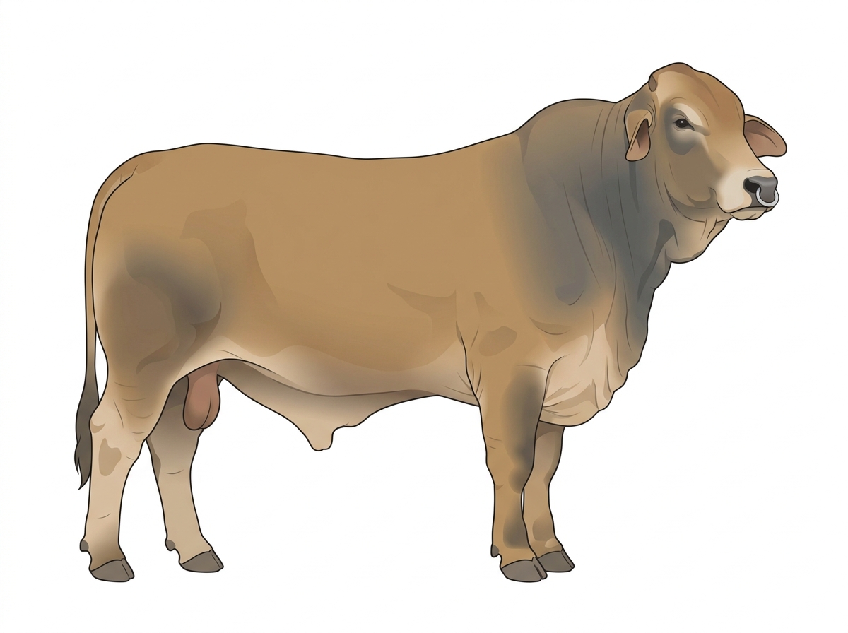 Tan with a pale muzzle ring and lighter underline Brahman Cross Bull