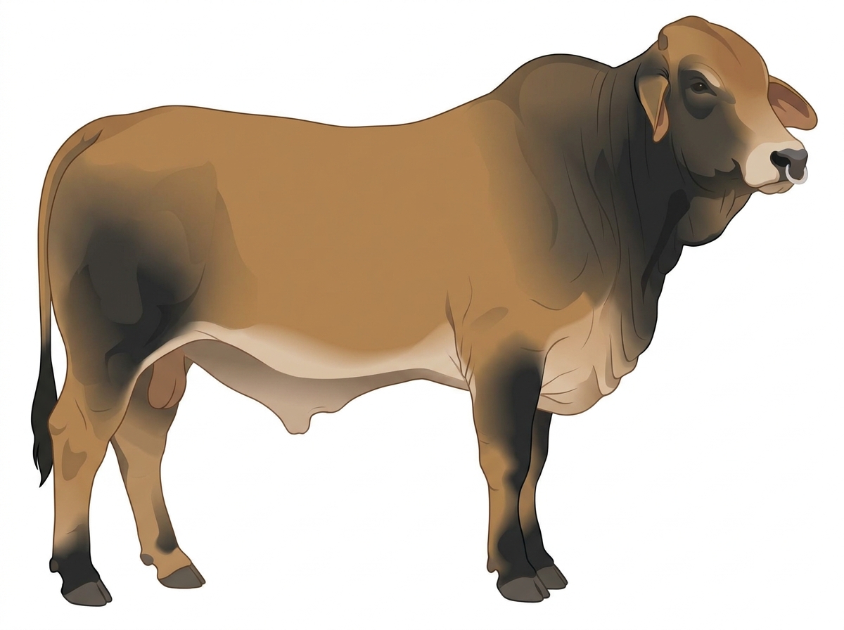 Tan with black points and a pale muzzle ring and lighter underline Brahman Cross Bull