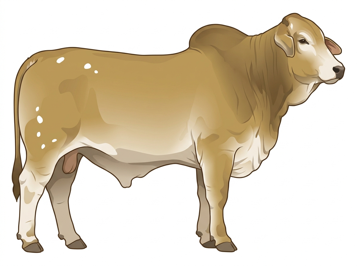 Yellow Dun with minimal white face markings and a few white spots Brahman Cross Bull