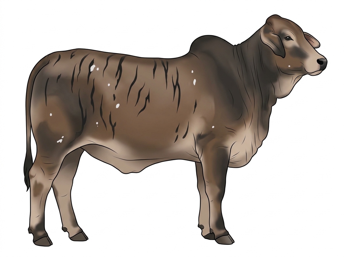 Smoky brindle with black stripes and a few white spots Brahman Heifer