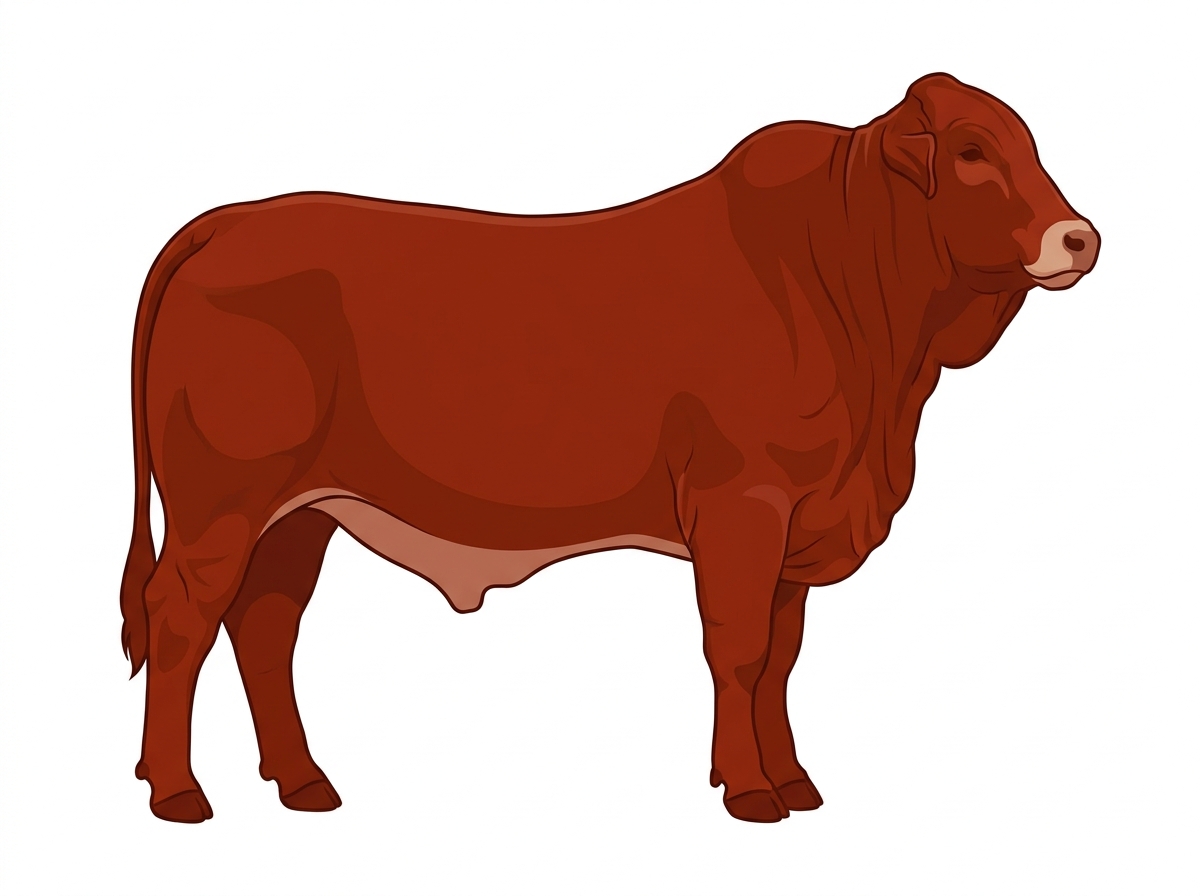 Red with a pale muzzle ring and lighter underline Brahmousin Bull