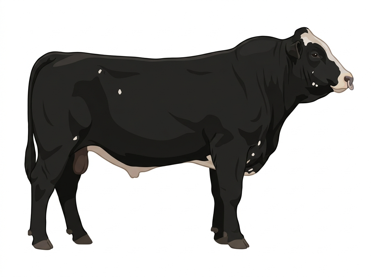 Black with a pale muzzle ring and lighter underline, a partial white face and a few white spots Braunvieh Cross Bull