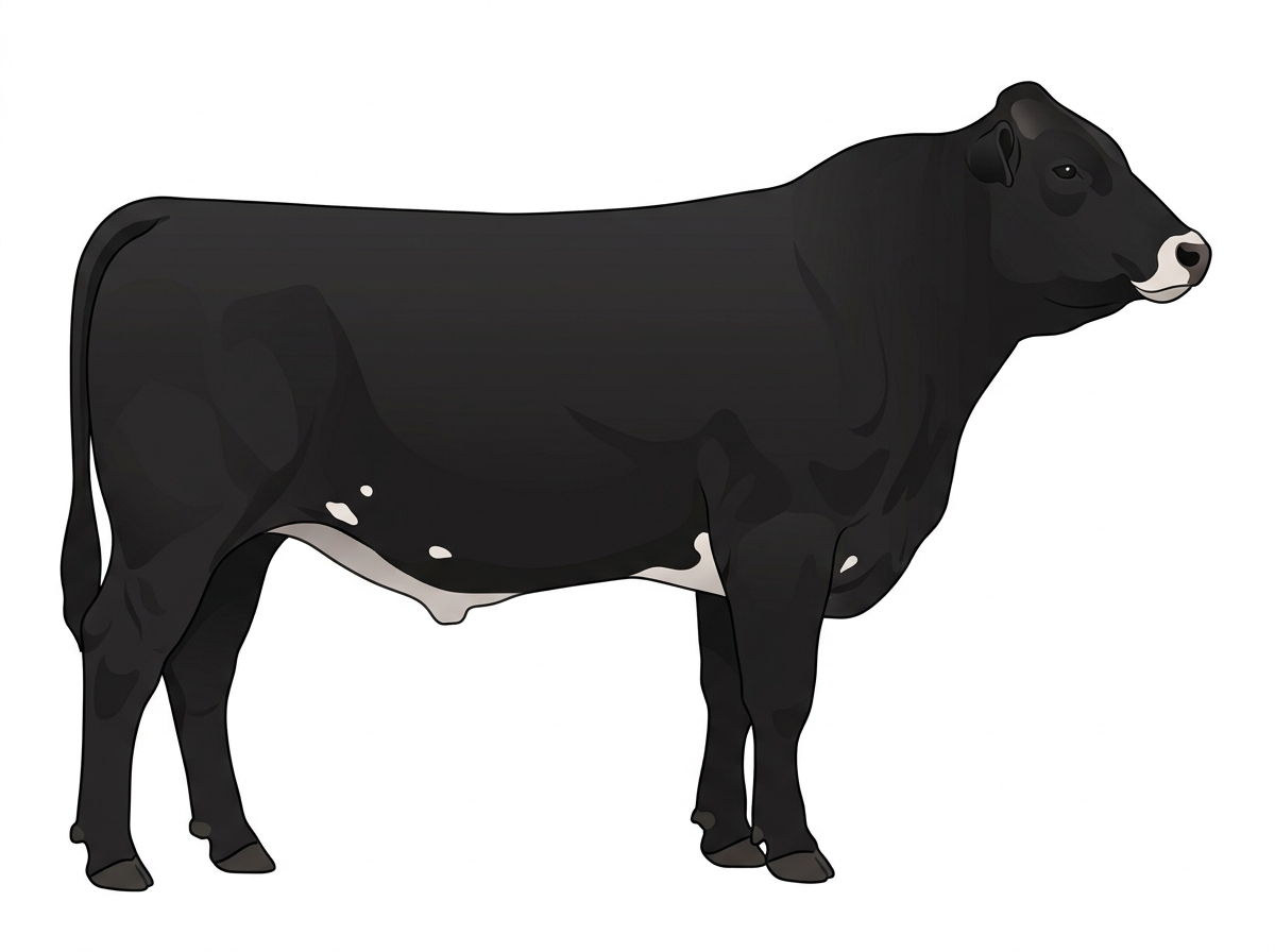 Black with a pale muzzle ring and lighter underline and a few white spots Braunvieh Cross Bull