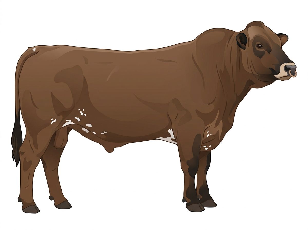 Brown with black points, a few white spots and ticking in the white Braunvieh Cross Bull