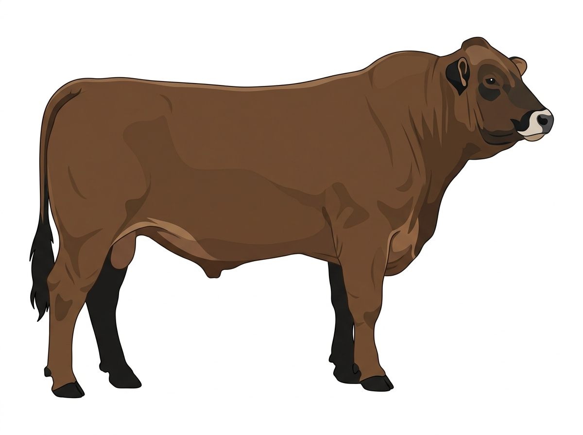 Brown with black points and a pale muzzle ring and lighter underline Braunvieh Cross Bull